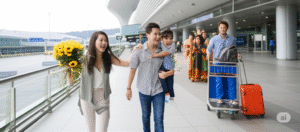 Một người đàn ông đẩy xe hành lý bước ra từ ga đến sân bay Tân Sơn Nhất, được gia đình chào đón với nụ cười rạng rỡ, minh họa cho vé máy bay về Việt Nam ăn Tết 2026 và niềm hạnh phúc đoàn viên