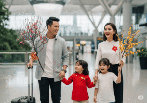 Gia đình gồm cha mẹ và hai con tươi cười, cầm cành đào và cành mai tại sân bay Changi Singapore, chuẩn bị cho chuyến bay Tết 2026 đi nước ngoài, thể hiện niềm vui đoàn viên và du lịch Tết.