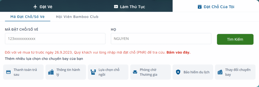 Hành khách có thể Tra cứu vé máy bay đã đặt tại website của Bamboo airways