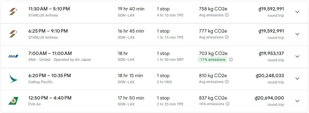 vé máy bay Sài Gòn Los Angeles (SGN-LAX) giá rẻ nhất với hành trình 1 điểm dừng