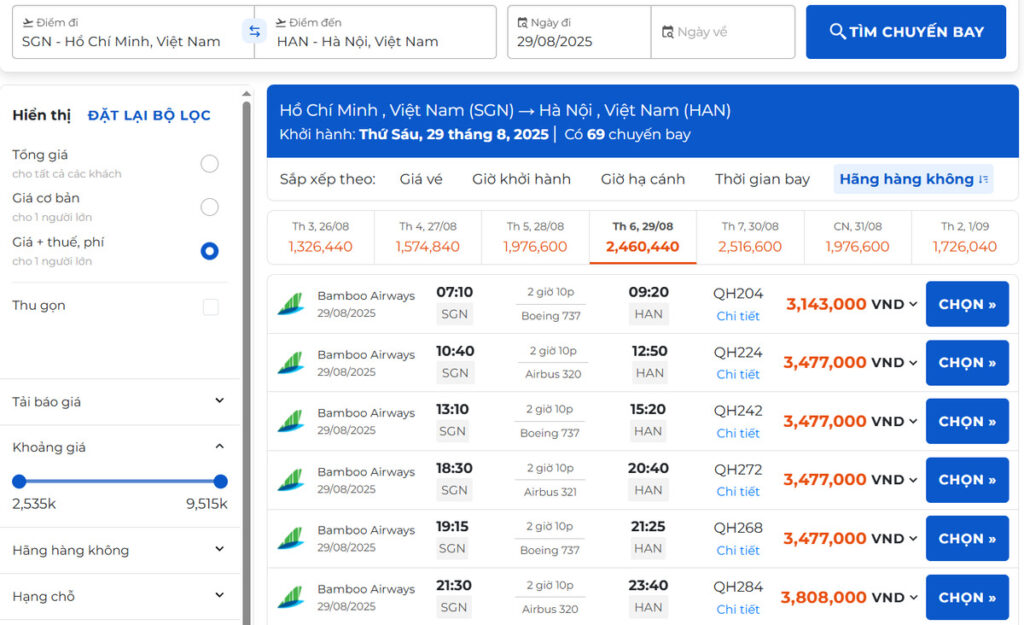 Vé máy bay đi Hà Nội với tần suất đến 69 chuyến mỗi ngày khởi hành từ Sài Gòn