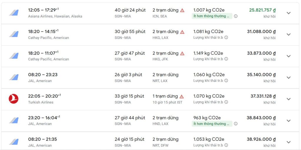 Vé máy bay Sài Gòn Miami rẻ nhất với 2 điểm dừng