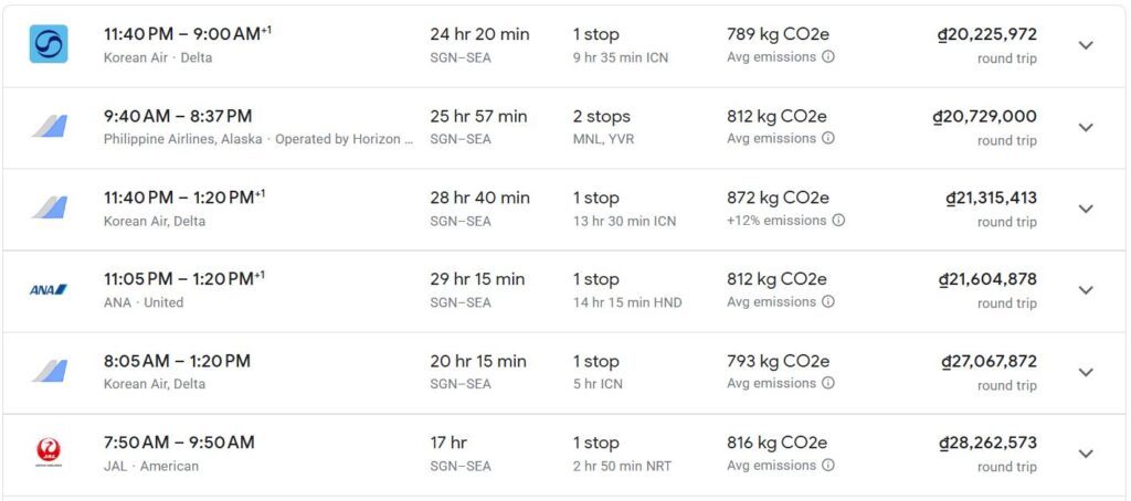 Vé máy bay Sài Gòn Seattle SGN-SEA với 1 hoặc 2 điểm dừng 