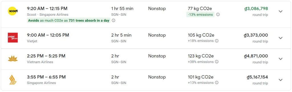 Vé máy bay Sài Gòn Singapore chặng đi