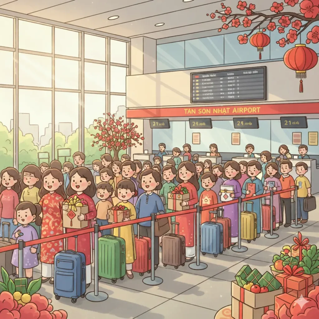 Hành khách check-in vé máy bay Tết 2026 Sài Gòn Thanh Hóa tại sân bay, không khí sum họp Tết