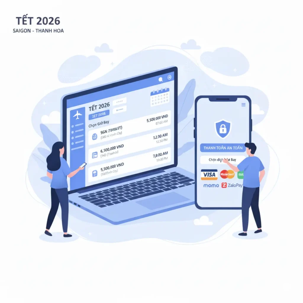 Hành khách đặt vé máy bay Tết 2026 Sài Gòn Thanh Hóa trực tuyến trên laptop và điện thoại
