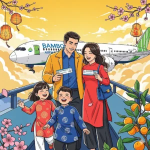 Gia đình Việt Nam vui vẻ chuẩn bị lên máy bay Bamboo Airways đi du lịch Tết 2026, mang không khí hạnh phúc và ấm áp.
