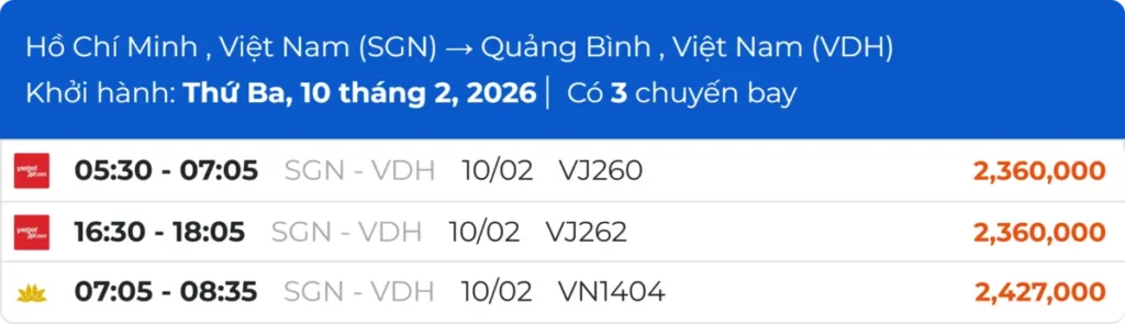 Bảng giá vé máy bay Tết 2026 Sài Gòn Đồng Hới trên mytrip.vn.