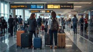 Hành khách chuẩn bị lên máy bay đi Houston từ sân bay Tân Sơn Nhất, vé máy bay Sài Gòn Houston giá rẻ.