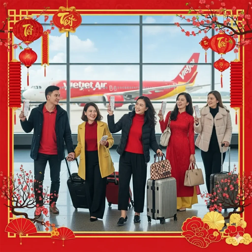 Hành khách Vietjet Air cầm vé Tết 2026 chuẩn bị bay