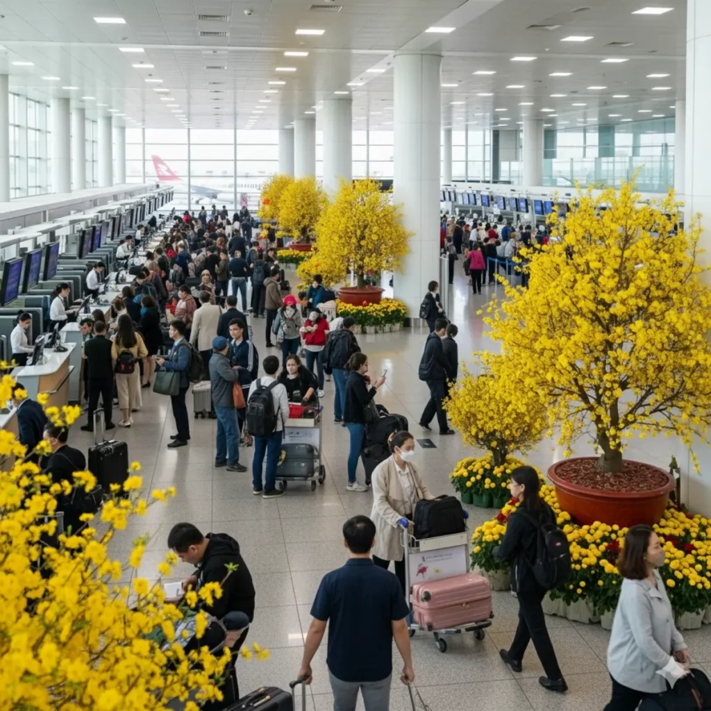 Sân bay Tân Sơn Nhất và Đà Nẵng nhộn nhịp dịp Tết 2026, hành khách đông đúc làm thủ tục check-in vé máy bay Tết 2026 Sài Gòn Đà Nẵng