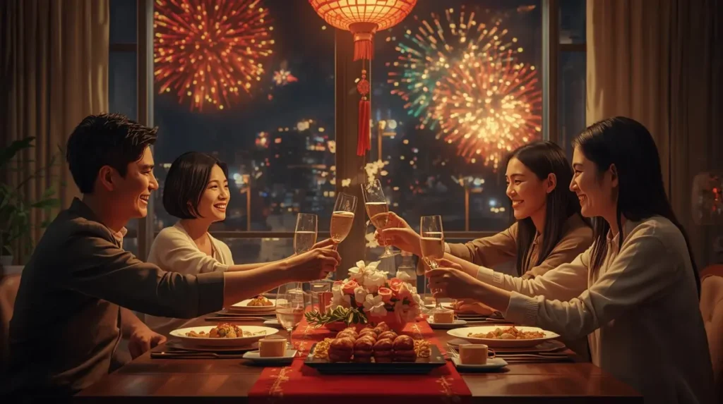 Không khí ấm áp ngày cuối năm, gia đình quây quần, nâng ly chúc mừng năm mới – gợi nhắc đặt vé máy bay ngày 30 Tết 2026 sớm để kịp đoàn tụ.