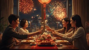 Không khí ấm áp ngày cuối năm, gia đình quây quần, nâng ly chúc mừng năm mới – gợi nhắc đặt vé máy bay ngày 30 Tết 2026 sớm để kịp đoàn tụ.