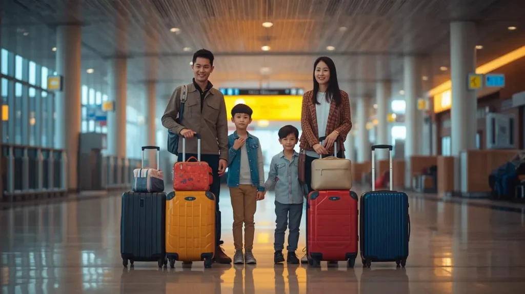 Gia đình tại sân bay Nội Bài khởi hành trong vé máy bay Tết 2026 Hà Nội Phú Quốc