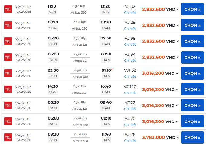 Lịch bay Tết 2026 Sài Gòn Hà Nội chi tiết, giá vé của Vietjet air